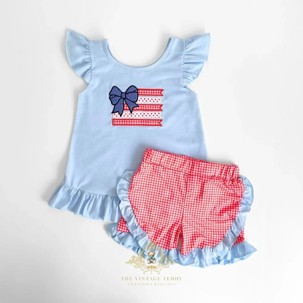 NWT Pretty Girls Top & Shorts Matching Set EmbroideredPatchwork 4th of July 5-6Y